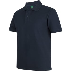 A dark navy polo shirt with a collar and short sleeves, featuring a logo on the label.