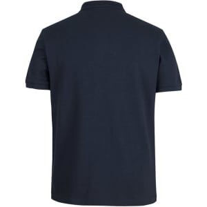 A navy polo shirt with a classic fit, featuring a collar and short sleeves, with a branding logo on the back.