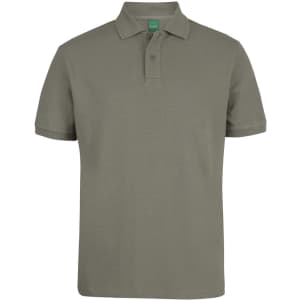 A short-sleeved polo shirt in olive green, featuring a three-button placket and a logo on the collar.