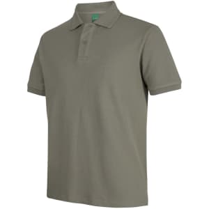 A men's short-sleeve polo shirt in olive green, featuring a collar, buttons, and a logo.