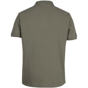 A green cotton polo shirt with a classic short-sleeve design and a collar, featuring a logo.