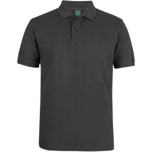 A dark grey polo shirt featuring a collar and buttons, with a logo on the upper side.