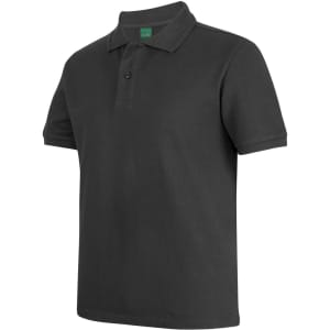 A black cotton polo shirt with a collar, short sleeves, and a button placket, featuring a logo.