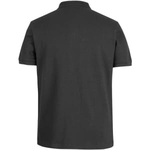 A black polo shirt with a classic collar and short sleeves, featuring a logo on the upper back.