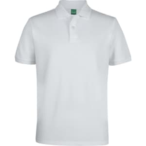 A white polo shirt with a collar and short sleeves, featuring a logo on the label.