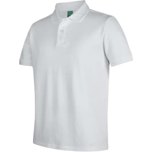 A white polo shirt with a classic collar and short sleeves, featuring a logo on the upper area.