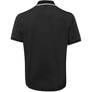 A black polo shirt with a textured design and contrasting white collar and sleeve trims. It features a logo.