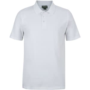A white short-sleeved polo shirt made from stretch cotton, featuring a collar and three-button placket.
