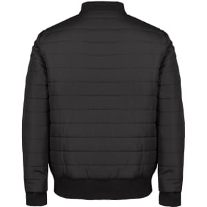 A black puffer bomber jacket featuring a quilted design and a ribbed collar. The back view shows a smooth finish.