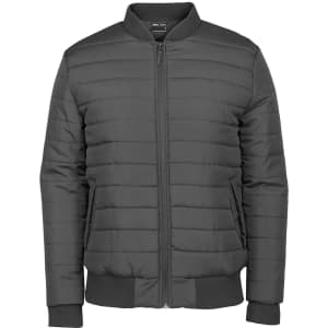 A black puffer bomber jacket with a zip-front and ribbed cuffs, featuring a logo on the collar.