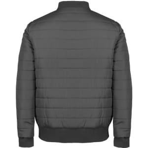 A black puffer bomber jacket featuring horizontal quilted detailing and ribbed cuffs and collar.