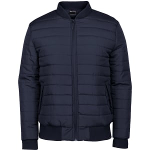 A black puffer bomber jacket with a zip front, ribbed cuffs, and a textured pattern. It has a logo on the inside.