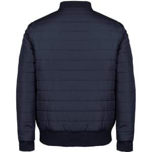 A black puffer bomber jacket featuring a quilted design and a ribbed collar, showcasing the back view.