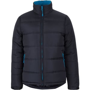 A black puffer jacket with contrasting blue zip and interior, featuring a high collar and side pockets.