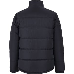 A black puffer jacket featuring a padded design with a high collar and no visible logos on the back.