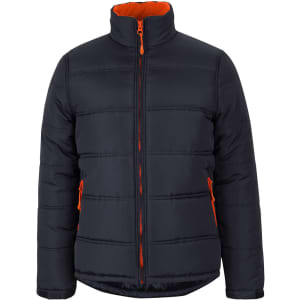 A black puffer jacket with orange zippers and lining, featuring a stand-up collar and side pockets.