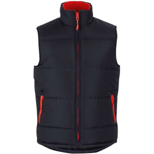 A black puffer vest with a red interior and zippers, featuring a high collar and side pockets.