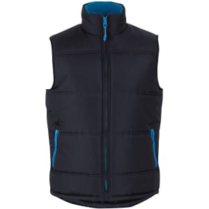 A black puffer vest with a blue lining and contrasting blue zipper details. It features a high collar and pockets.