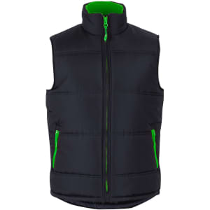 A black puffer vest with green accents and zippered pockets, featuring a high collar and a front zip closure.