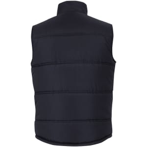 A black puffer vest with a high collar and vertical quilted design, featuring a logo on the back.