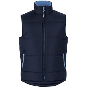 A navy puffer vest with light blue zippers and a high collar, featuring a logo on the chest.