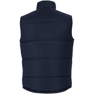 A navy puffer vest with a high collar and stitched panel detailing. Features a simple design and a logo.