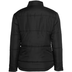 A black and grey puffer jacket with a high collar and a sleek design, featuring a logo.