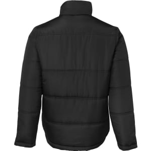 A black puffer jacket with a simple design and branding on the back, featuring a high collar and quilted pattern.