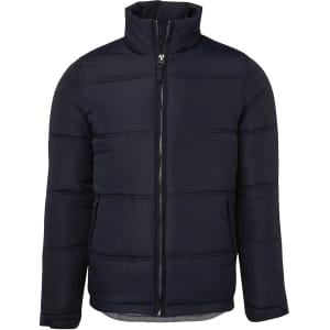 A navy puffer jacket with a zippered front and high collar, featuring a logo on the chest area.