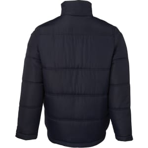 A black puffer jacket featuring a zippered front and a high collar, with a branding logo on the back.