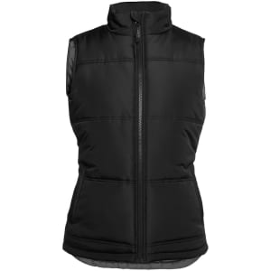 A black puffer vest with a zip front and padded design, featuring side pockets and a high collar.