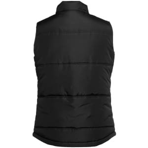 A black puffer vest with a high collar and lined design, featuring a logo on the back.