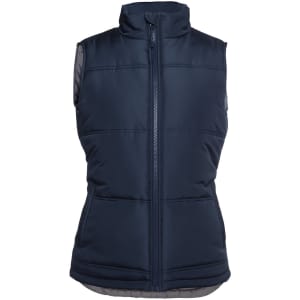 A navy blue puffer vest with a high collar and zip front, featuring two front pockets and a logo.