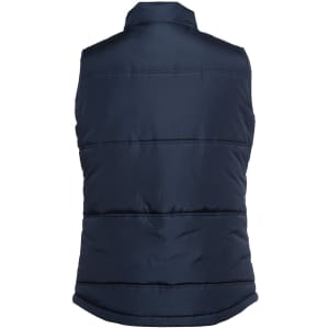 A navy blue puffer vest with a stitched design and a collar. The back view features a smooth finish and a subtle logo.
