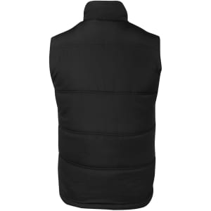A black puffer vest with a high collar, featuring a logo, shown from the back.
