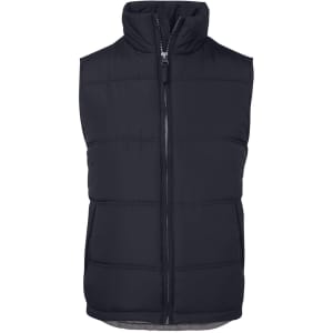 A dark navy puffer vest with a high collar and front zip. It features stitched panel detailing and a branding logo.
