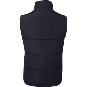 A black padded vest with a high collar and quilted design, featuring a logo on the back.