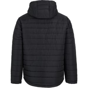 A hooded puffer jacket in black, featuring a quilted design and a prominent hood at the back.