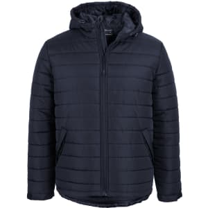 A navy hooded puffer jacket with a zip front and horizontal quilting, featuring a logo on the inside.