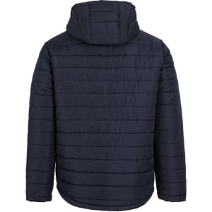 A dark navy hooded puffer jacket featuring a stitched panel design and a hood. It has a branding logo on the back.