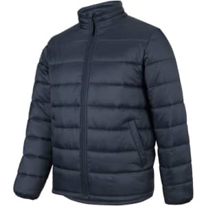 A navy puffer jacket with a zip front and long sleeves, featuring vertical quilted detailing and a logo.