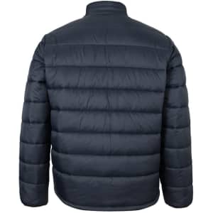 A puffer jacket in dark navy, featuring a quilted design and a high collar, with a logo on the back.