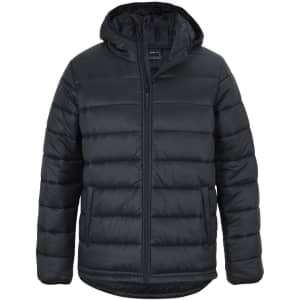 A black puffer jacket with a hood, featuring a zip front and side pockets, and a branding logo.