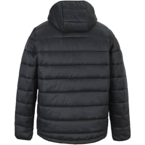 A black hooded puffer jacket featuring a quilted design and a logo. The jacket is shown from the back.