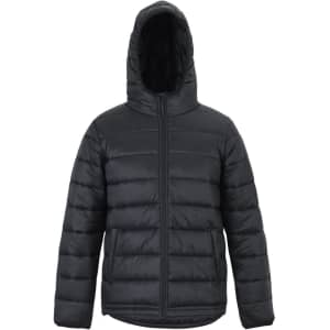 A black urban hooded puffer jacket featuring a zip front and a plush hood. The fabric has a sleek, quilted design.