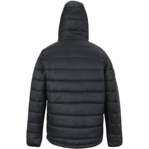 A black urban hooded puffer jacket featuring a quilted design and a hood. The back view highlights its structure.