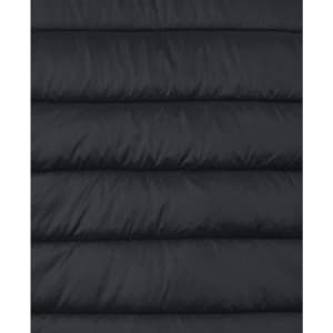 A black puffer jacket with a quilted texture, featuring horizontal stripes and a logo.