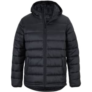 A black hooded puffer jacket with a zip front and quilted design, featuring a logo on the chest.