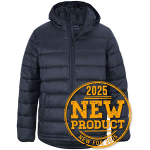 A black hooded puffer jacket with a zip front and a logo on the chest.