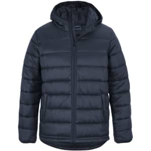 A black urban hooded puffer jacket with a zippered front and a hood. Features a logo on the chest.